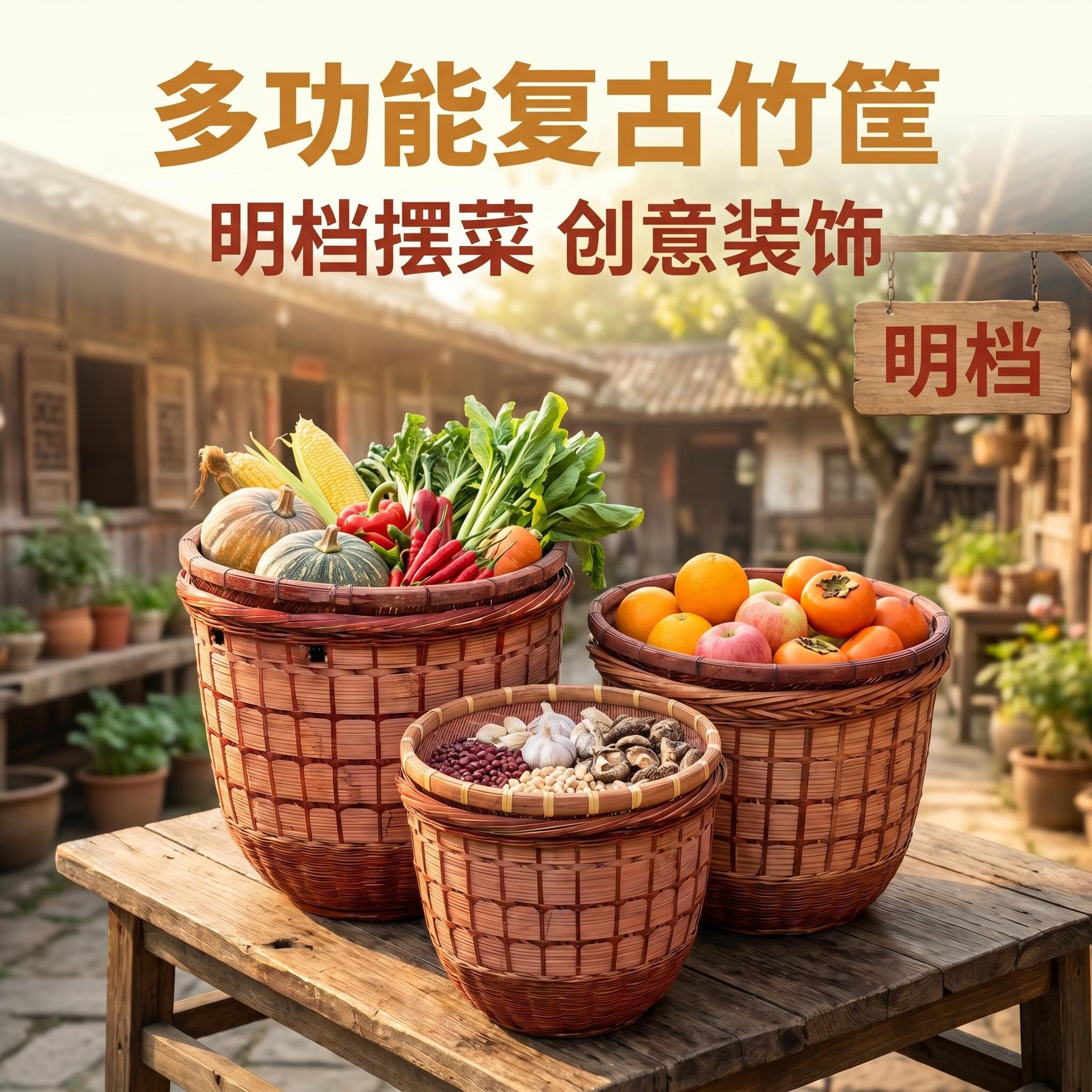 多功能复古竹编竹篓田园收纳篮
