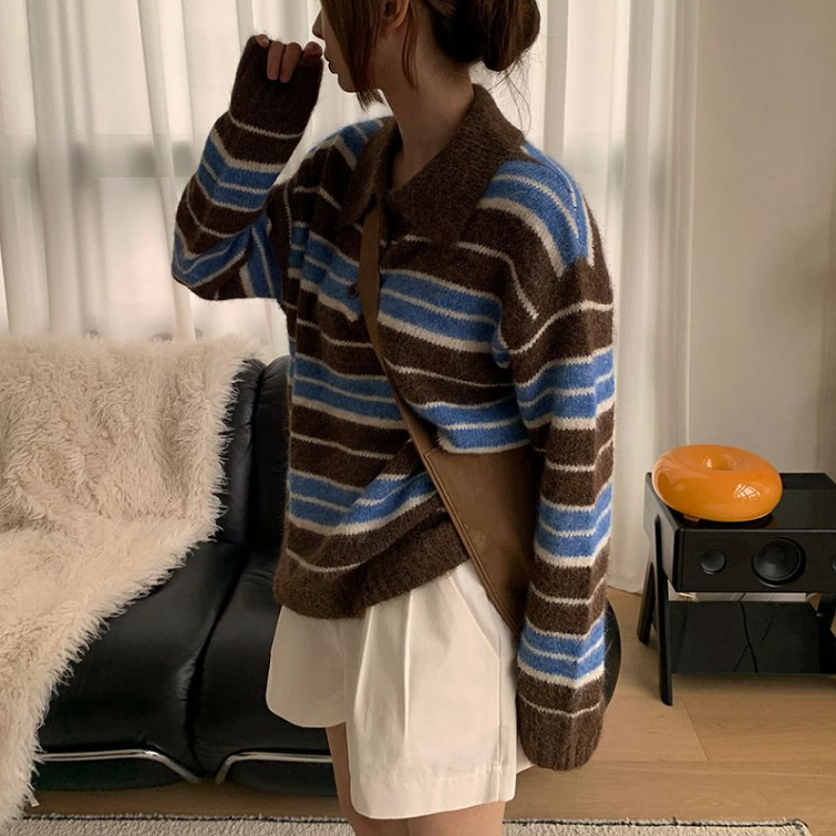 Cmy korea韩国正品代购 航海系条纹空撞色套头三色入针织衫