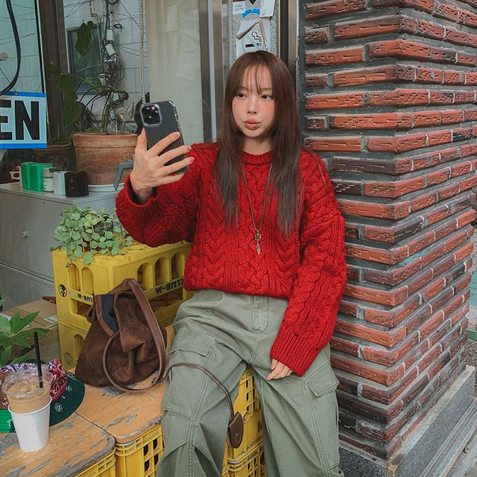 Cmy korea韩国正品代购 三色入圆领粗线毛衣套头针织衫