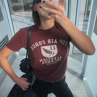 酒红色圆领设计打底字母百搭T恤 女装 Cmy korea韩国代购