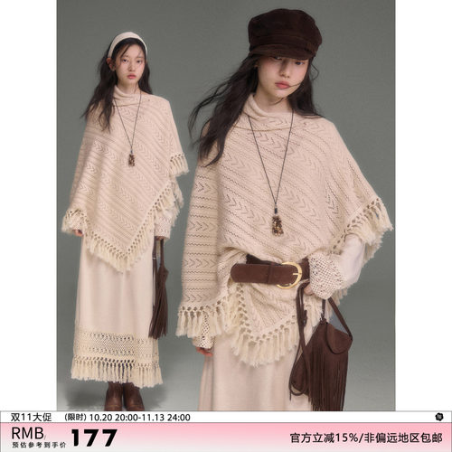 有耳uare波嬉流苏针织斗篷连衣裙