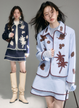 有耳uare原创设计 海岛么么茶 趣味飞鸟小鱼钩花绣花西装夹克外套