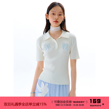 有耳uare原创设计 飞鸟情诗 撞色鸽子绣花天丝polo衫