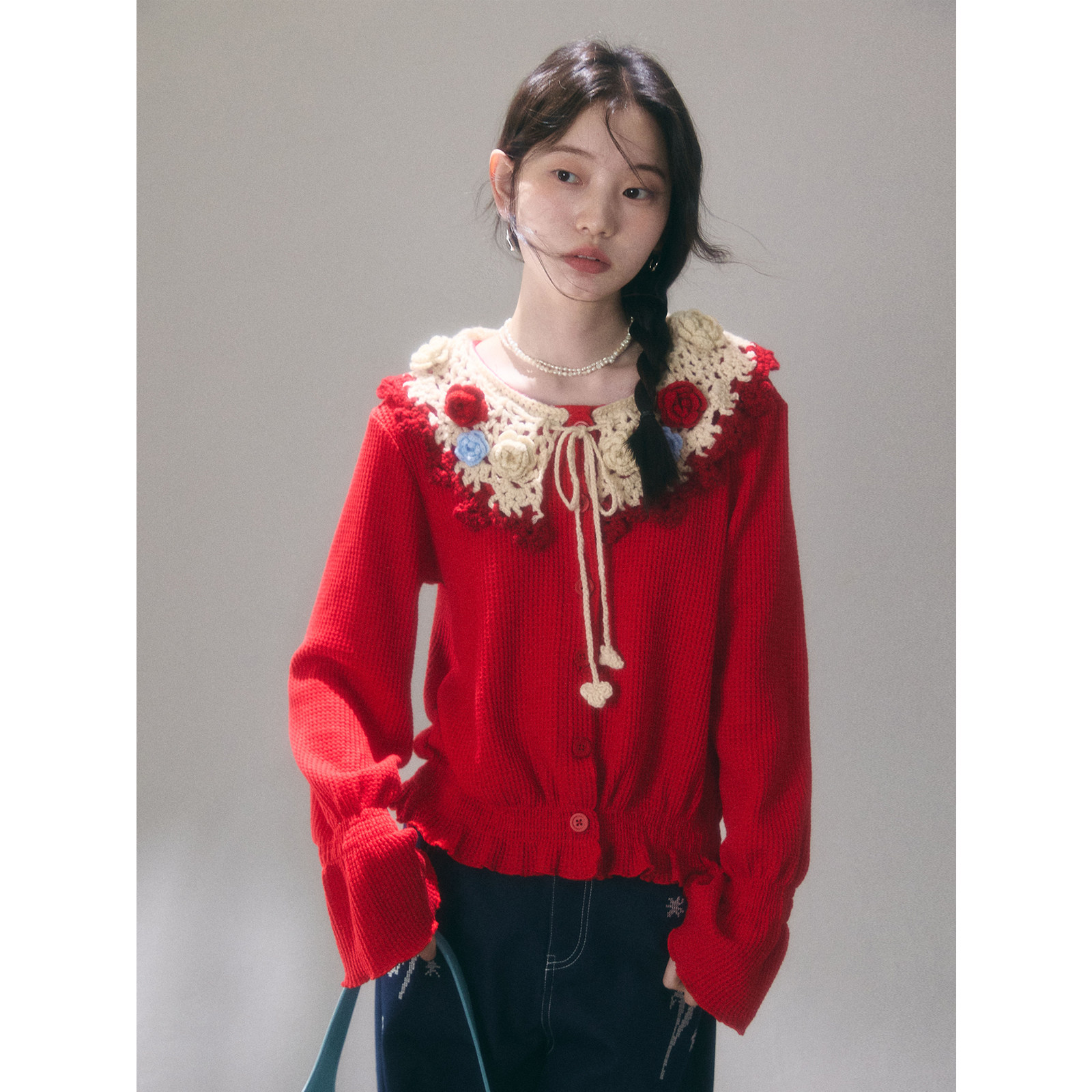 有耳uare原创设计 新年花叙 山茶手工钩花红色喇叭袖针织开衫外套