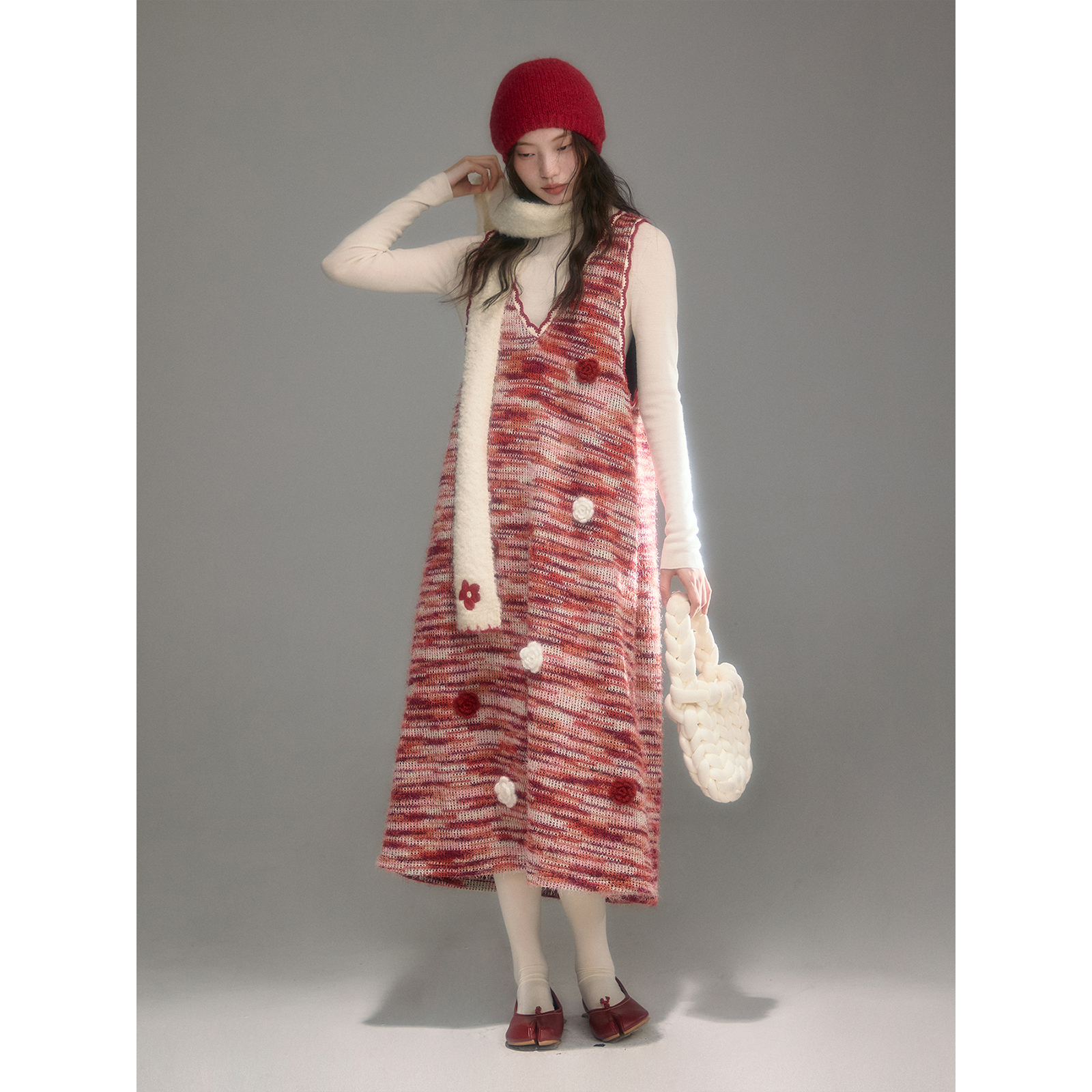 有耳uare复古条纹手钩花背心裙