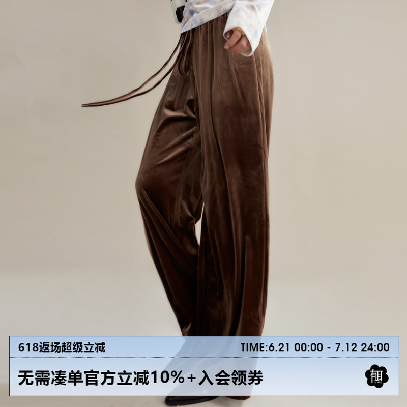有耳uare小众设计 古堡天鹅 浓郁复古松紧绑带阔腿丝绒长裤休闲裤