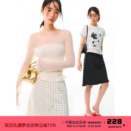 有耳uare原创设计 波点星星 复古缎面拼接欧根纱小花边A字半身裙