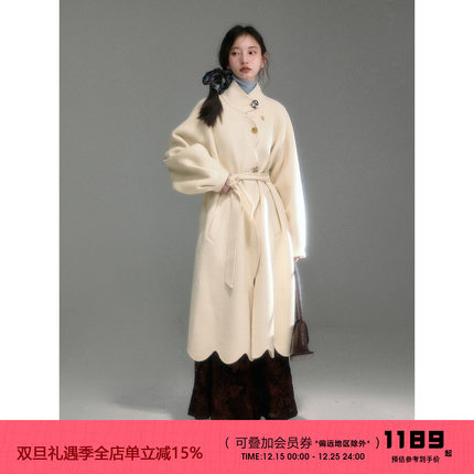 有耳uare原创设计 雪国回忆 手工花复古异型扣含羊毛双面呢大衣