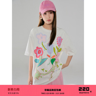 T恤 手绘花朵涂鸦印花宽松纯棉短袖 有耳uare原创设计 小喜flower