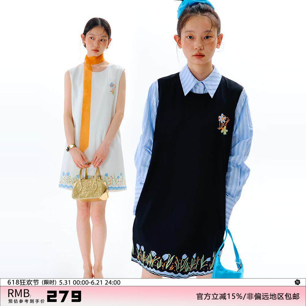 有耳uare原创设计 廊桥花圃 郁金香刺绣绣花宽松无袖背心裙连衣裙