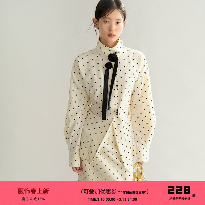 有耳uare原创设计 玫瑰的真心 多穿法波点花朵飘带衬衫半身裙套装_虎窝淘