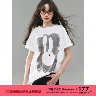 T恤 手绘印花图案纯棉宽松短袖 有耳uare原创设计 兔子大头贴贴