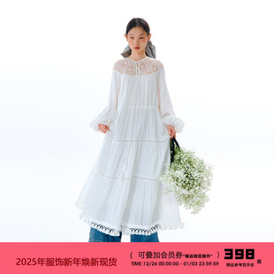 连衣裙 镂空花边拼接流苏A摆白裙长袖 有耳uare原创设计 捕梦编织