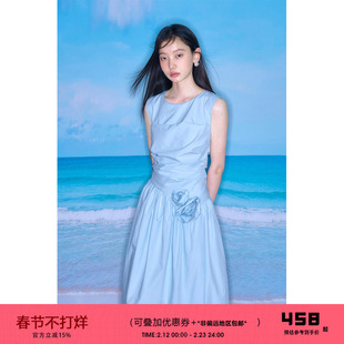 有耳uare原创设计 海盐玫瑰 手工玫瑰花朵褶皱收腰花苞天丝连衣裙