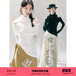 有耳uare原创设计 一字肩露肩修身 长袖 针织打底T恤上衣 流云轻抚