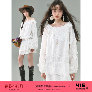 有耳uare原创设计 仙仙小白花 立体绣花多穿法一字斜肩长袖连衣裙