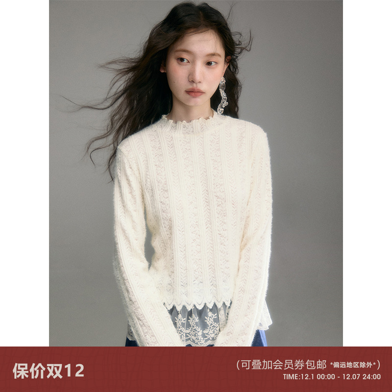 有耳uare蕾丝拼接针织打底上衣