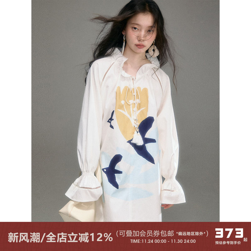 有耳uare郁金香飞鸟印花连衣裙