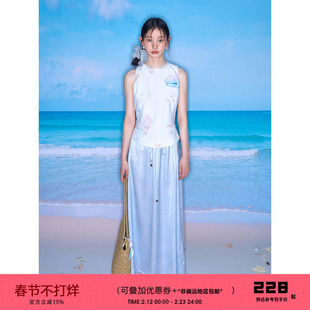 有耳uare原创设计 水波潋滟 淡蓝色仿醋酸直筒抽绳半身裙长裙