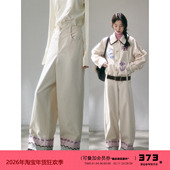 有耳uare原创设计 阔腿休闲裤 春天游乐园 刺绣棉麻十字绣花长裤