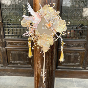 雪亭坊定制造花液秀禾喜扇婚礼新娘减龄结婚蓝色双面圈团扇材料包