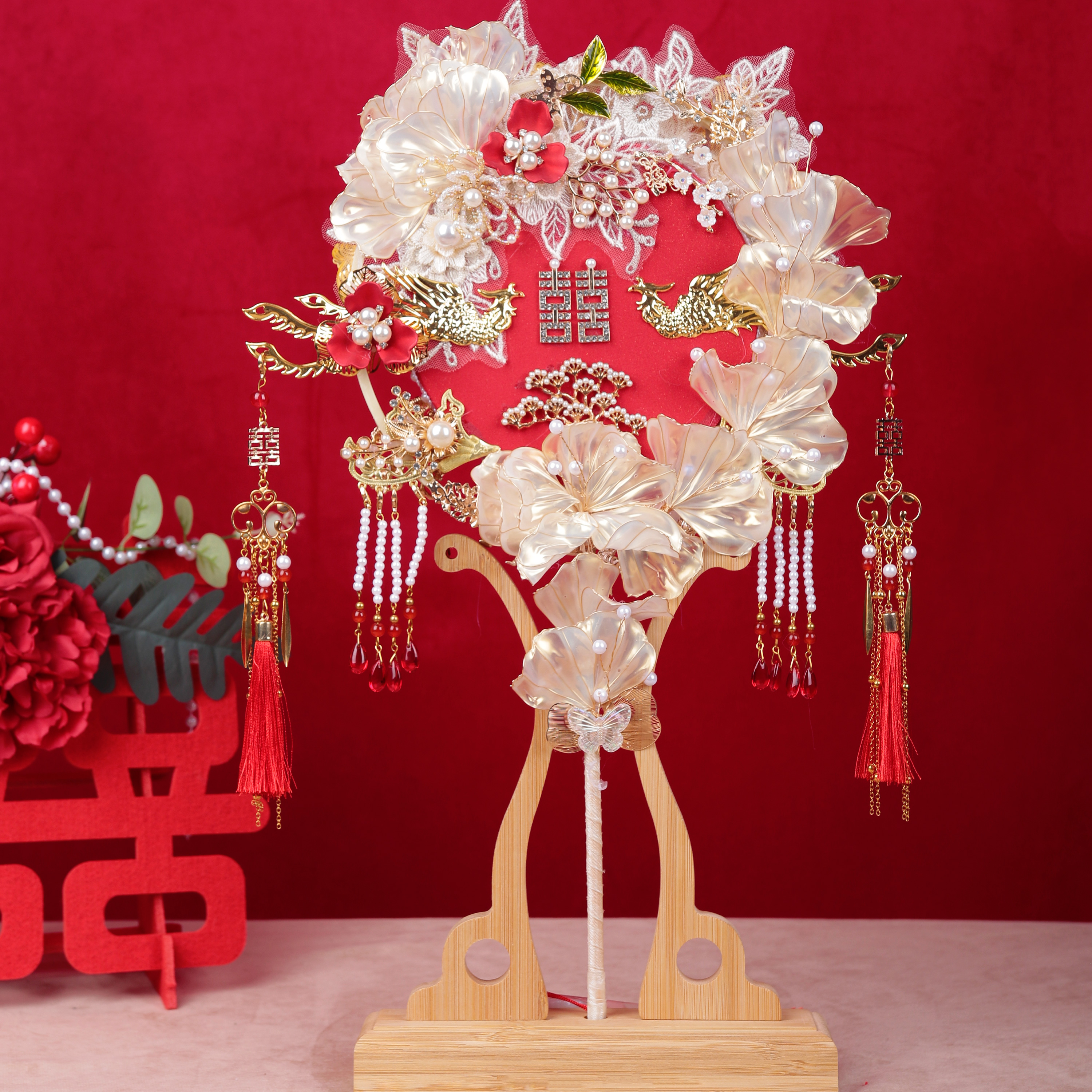 雪亭坊定制造花液秀禾婚礼新娘减龄结婚双面双色双圈团扇材料包di