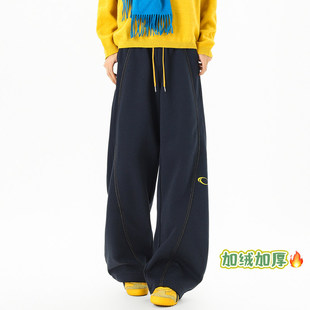 春秋季潮牌刺绣加绒加厚裤子男士潮流宽松直筒休闲裤情侣运动卫裤