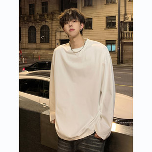打底衫 T恤男生潮流简约百搭宽松休闲情侣款 上衣 纯棉白色长袖 春季