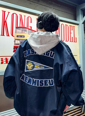 秋季潮牌字母刺绣假两件连帽棒球服外套男士春秋款情侣学生夹克衫
