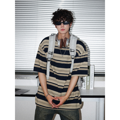 夏季拼色条纹短袖t恤男士潮牌潮流美式情侣百搭宽松打底衫半袖tee