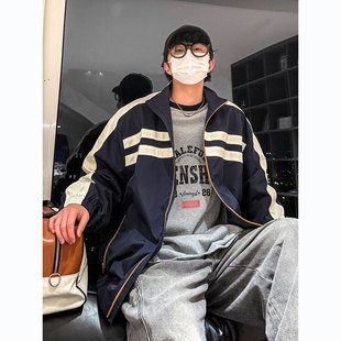 2026春季潮牌条纹休闲外套男士潮流宽松春秋款帅气时尚教练服夹克