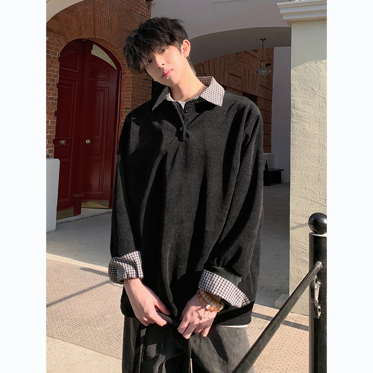 春季格子拼接衬衫领假两件卫衣男生潮流时尚春秋情侣宽松休闲上衣