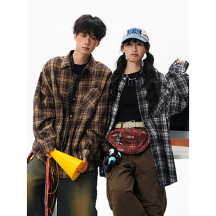 青港的风 春季长袖格子衬衫男士潮流情侣装宽松时尚防晒衬衣外套