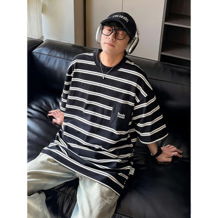 夏季2026新款260G纯棉条纹短袖T恤男生潮流情侣宽松字母刺绣上衣