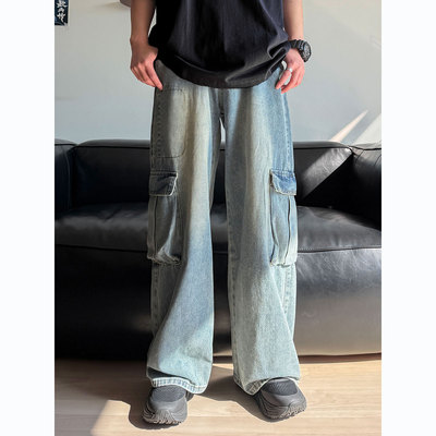 冬季工装牛仔裤男生潮牌潮流学生帅气直筒宽松阔腿裤休闲牛仔长裤
