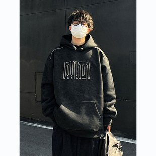 冬季2025新款美式加绒加厚刺绣连帽卫衣男士潮流情侣宽松男款外套