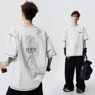 夏季字母刺绣设计感圆领短袖T恤男生美式潮牌潮流帅气半袖打底衫