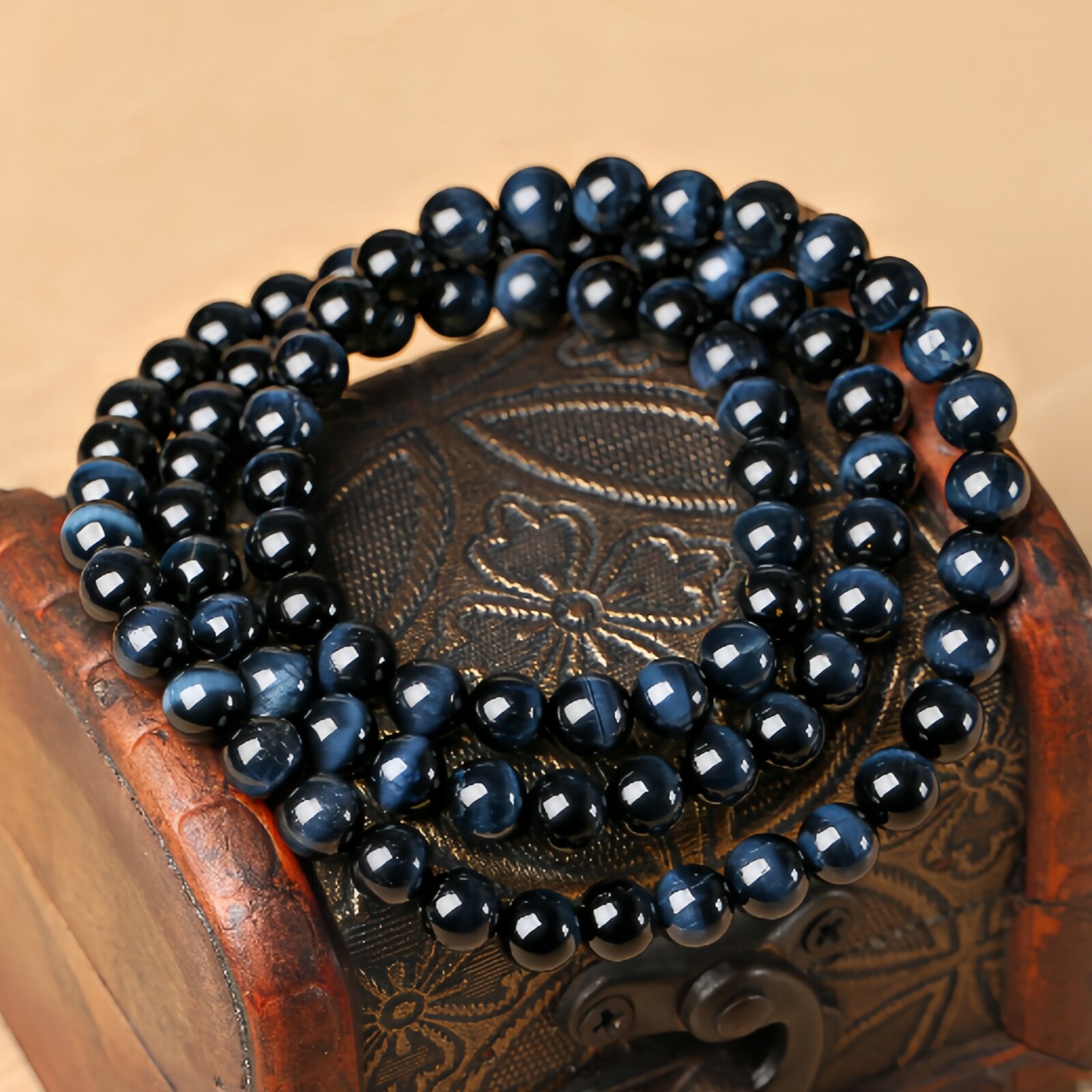 纯天然蓝虎眼石手串6mm3圈手链长串多圈梦幻蓝虎眼鹰眼木变石手串