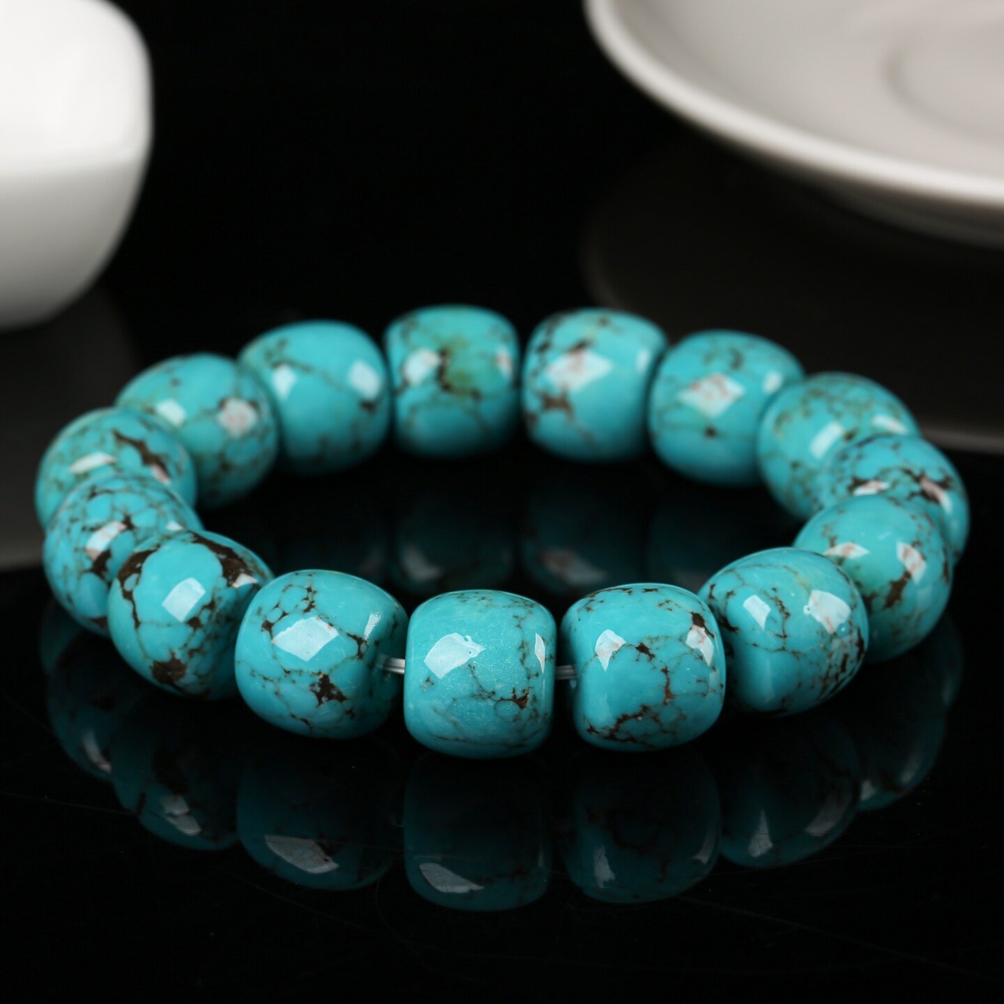 高瓷铁线松绿松石手串桶珠老型圆珠网花绿松石补木水土守护平安