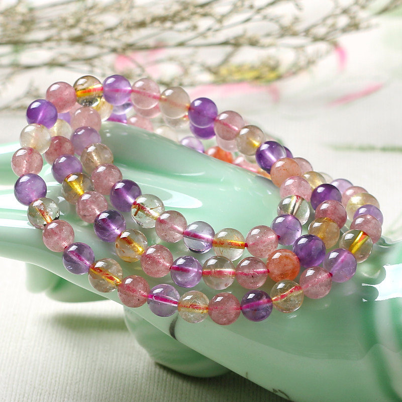 天然超七彩色多宝水晶补五行珠子多圈手链招财多种水晶三圈手串