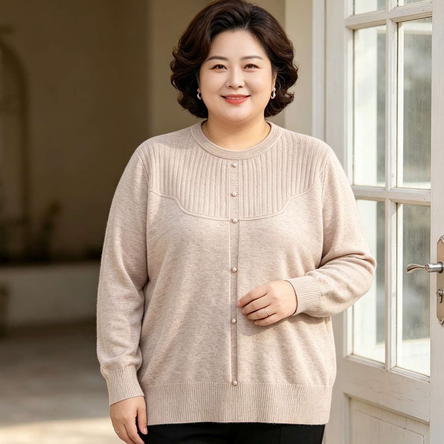 大码妈妈秋装针织小衫老太太洋气中老年女装