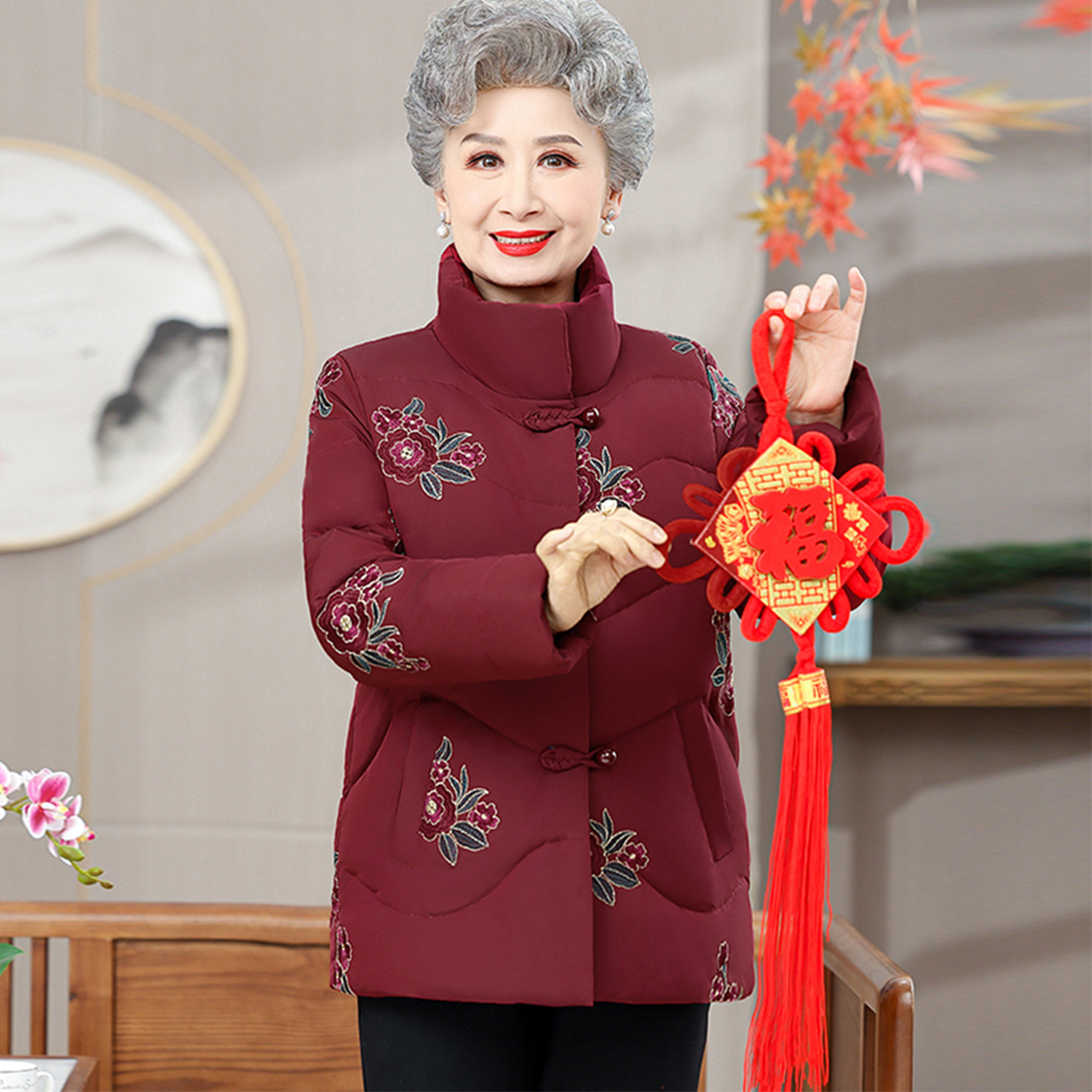 中式刺绣花卉羽绒服女中老年妈妈装立领盘扣保暖外套奶奶冬装