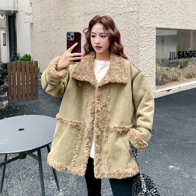 复古麂皮绒羊羔毛中长款外套