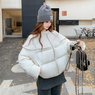 韩版白色圆领短款羽绒服女宽松休闲拼接小个子保暖加厚白鹅绒外套