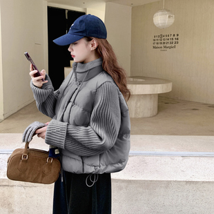 韩系立领针织拼接袖羽绒服女2025冬短款90白鸭绒宽松百搭保暖外套