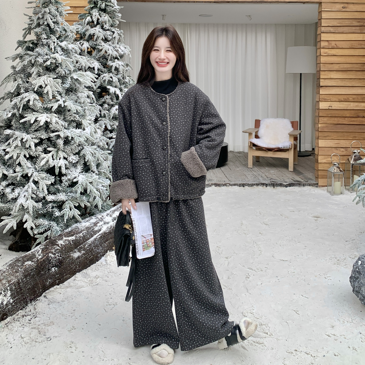 复古印花波点毛呢外套女冬季阔腿裤女秋冬宽松休闲羊羔毛两件套装