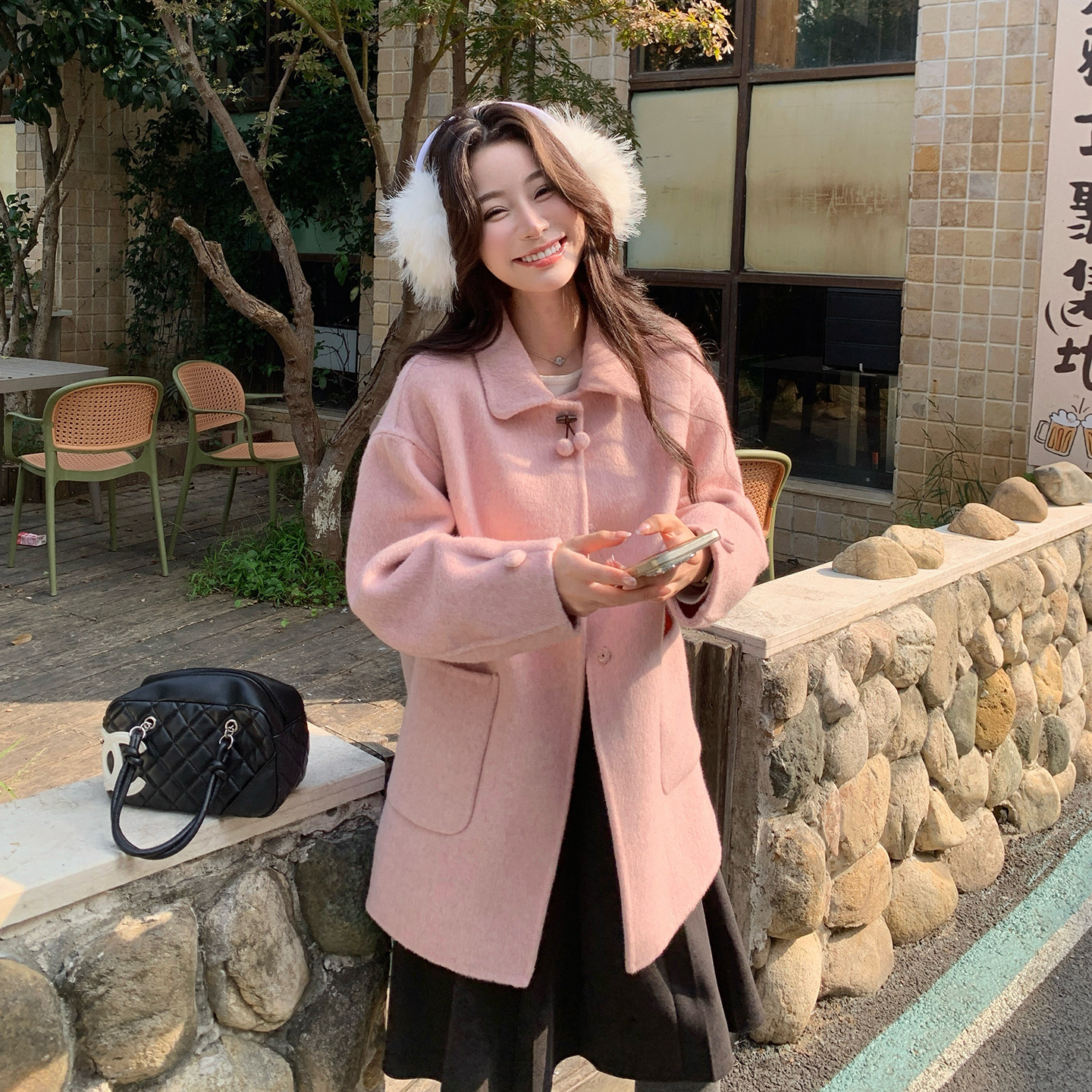 粉色甜美双面羊毛呢大衣女冬季