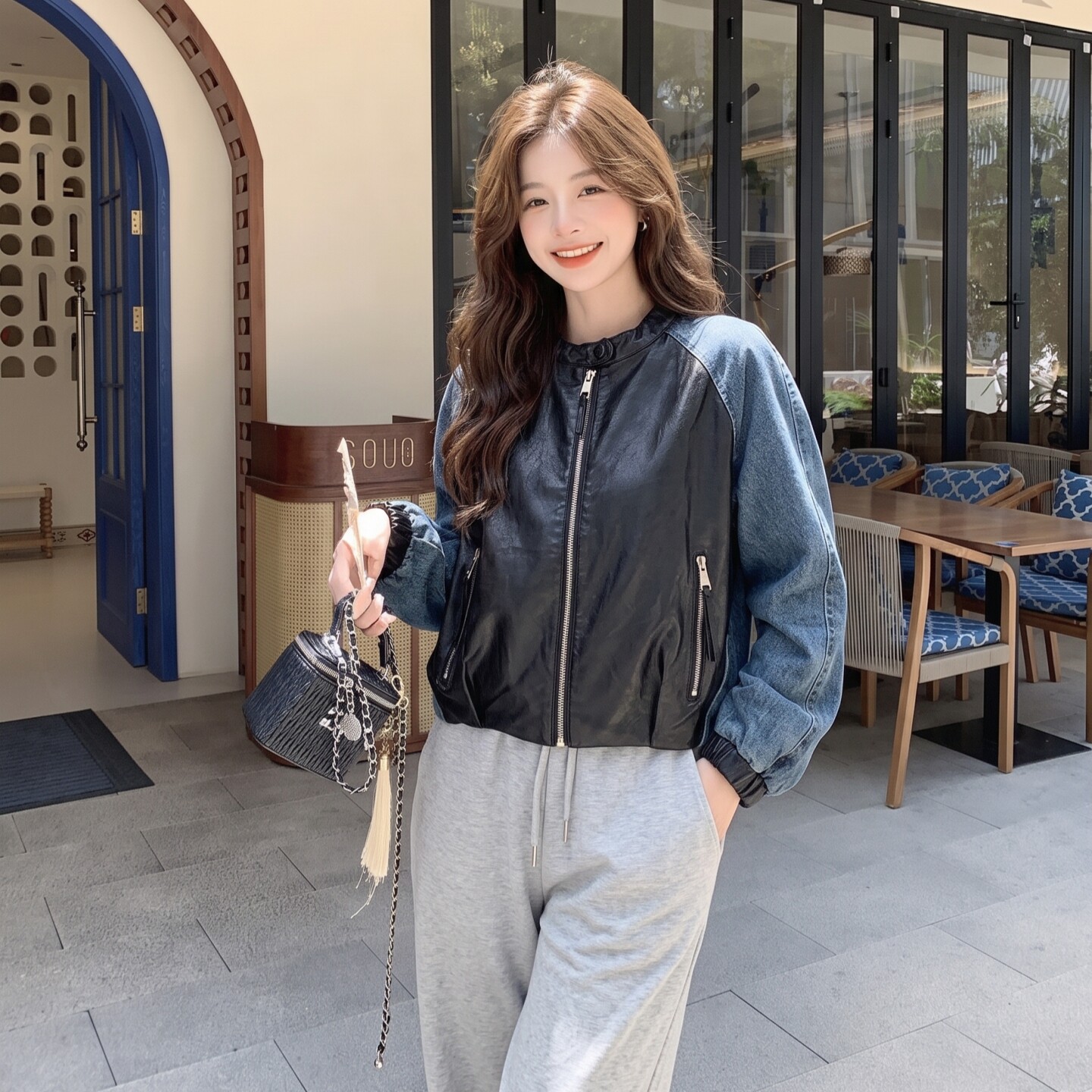 韩系牛仔拼接PU机车短外套女