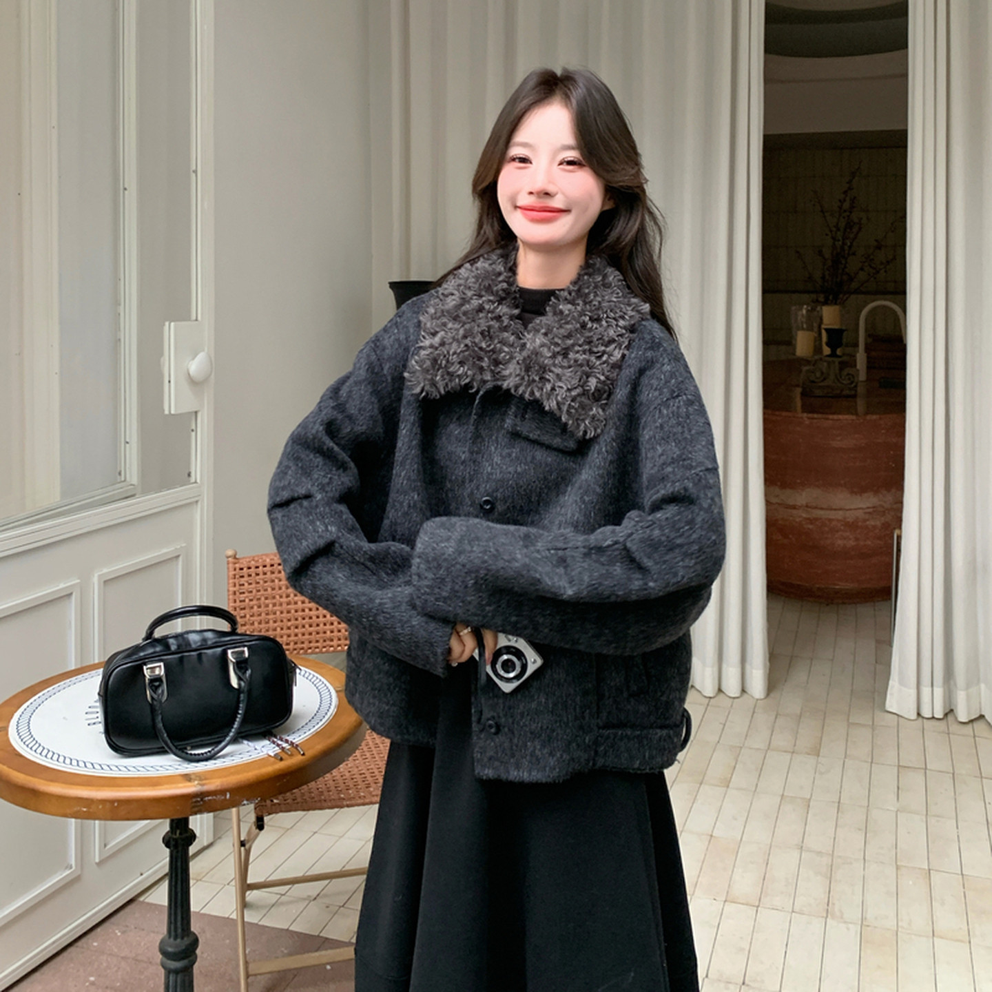冬季毛领羊毛呢短外套女显瘦