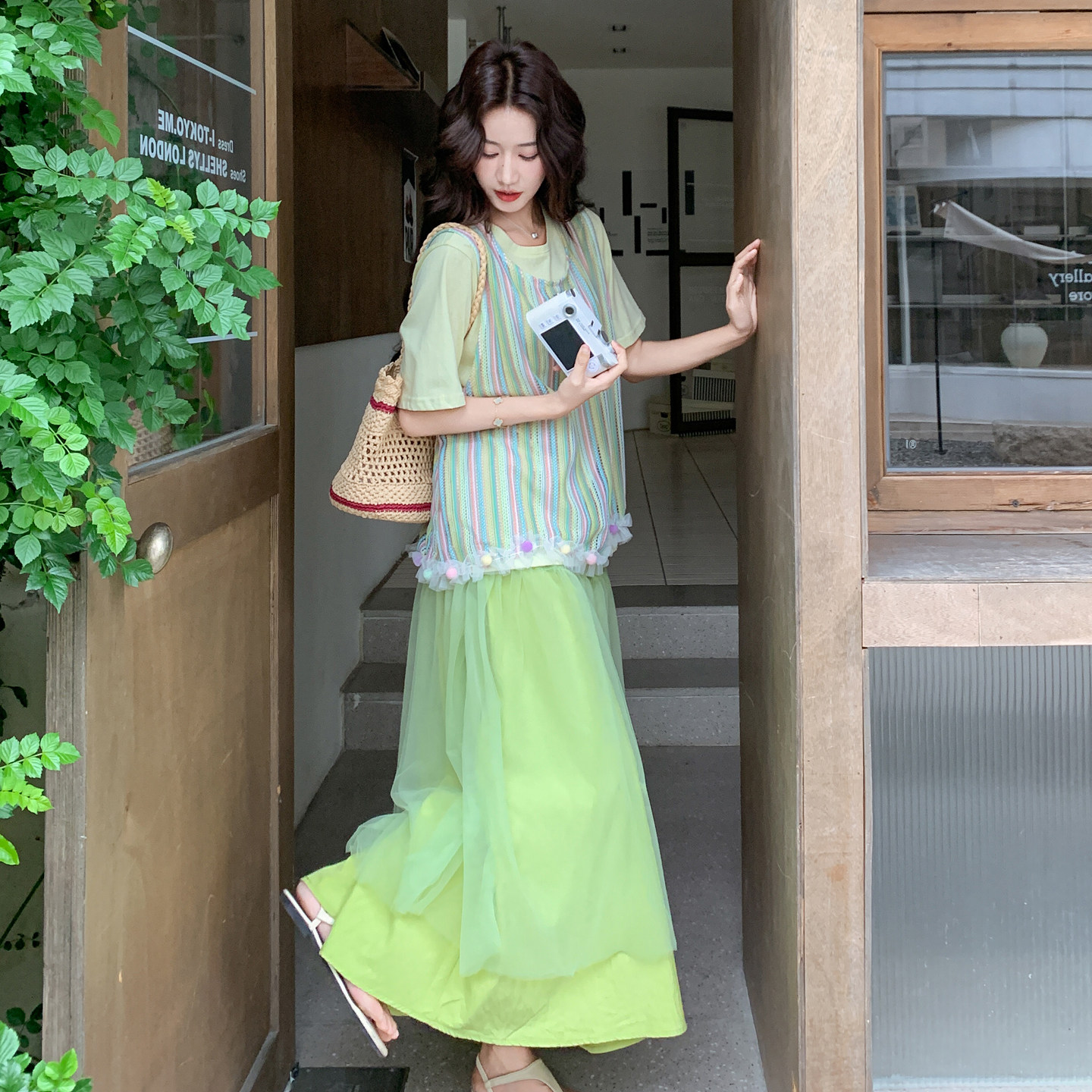 夏日清凉绿色网纱仙女裙三件套